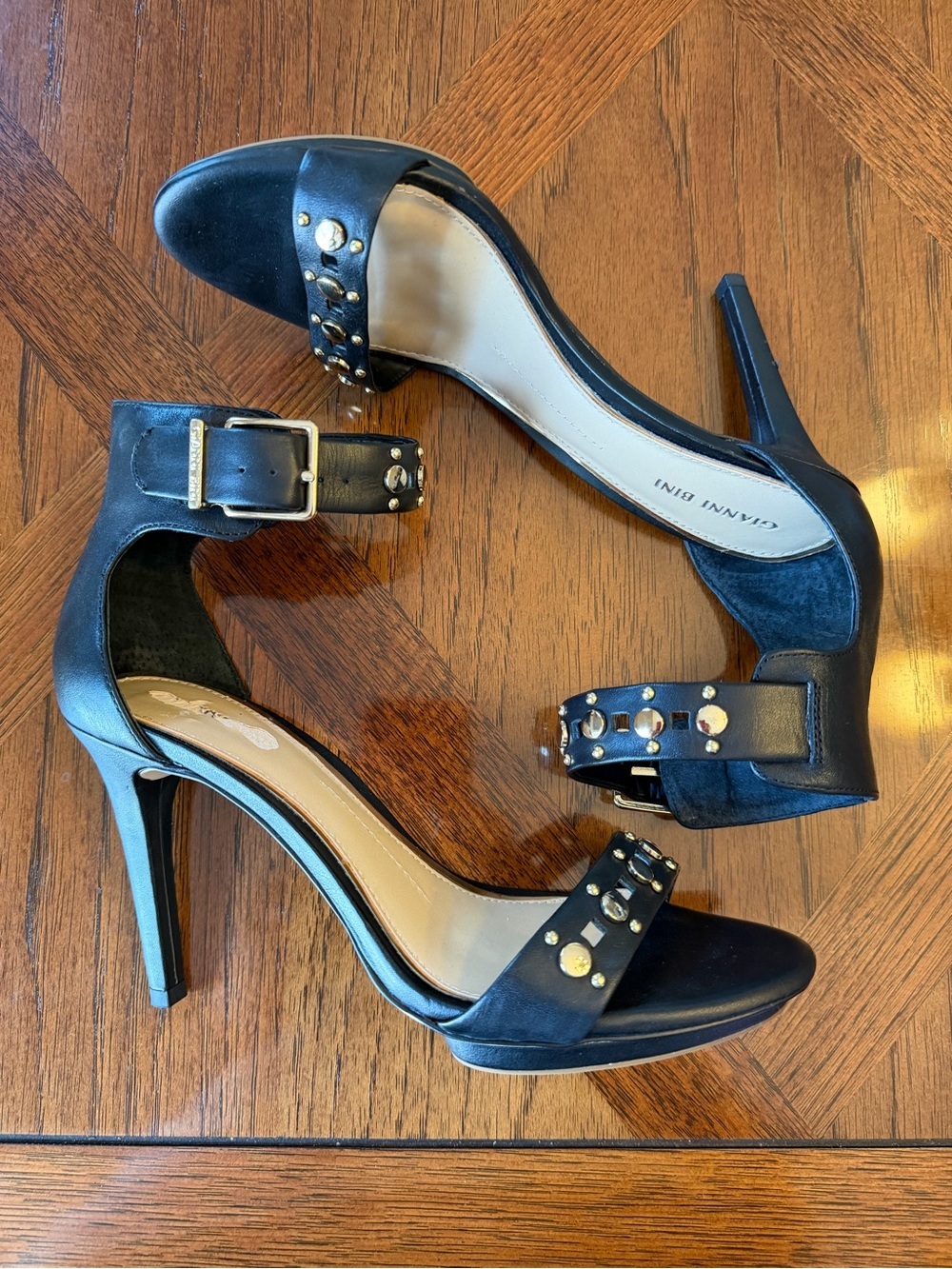 Gianni Bini Black Leather Studded Ankle Strap Gladiator Stiletto Heels 9.5M
